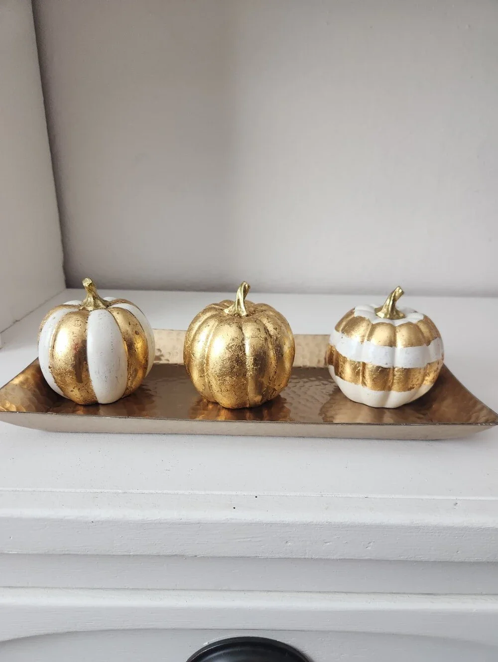 Metallic Gold  Hammerd Tray & White & Gold Pumpkin Trio Hand Painted W/Gold Leaf